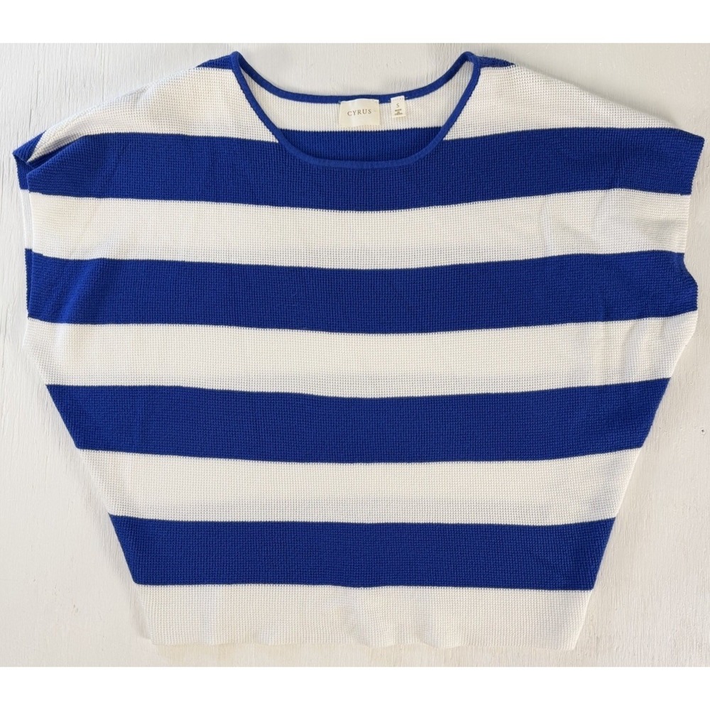 CYRUS Blue & White Wide Striped Short Sleeve Coastal Sweater Knit Top Women's S